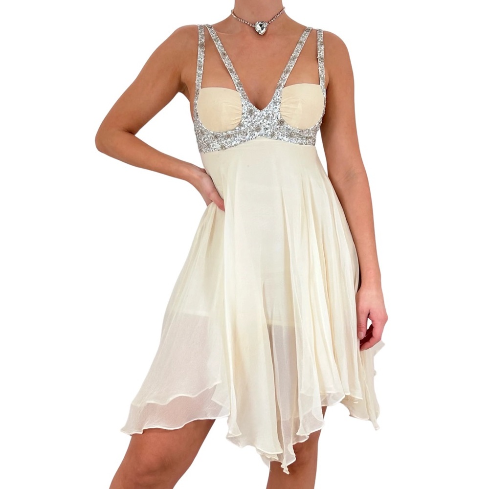 Vintage Mandalay green teal silver sequin beaded sleeveless v-neck silk dress - Picture 12 of 13